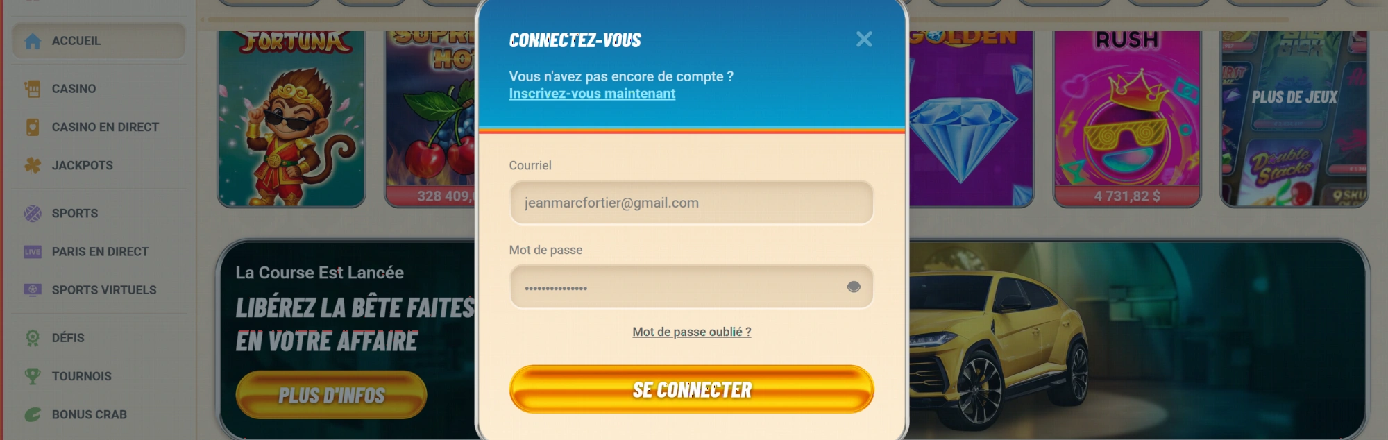 Interface de connexion et inscription Vegasino Casino